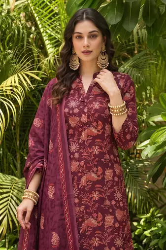 maroon color printed rayon blend styles kurta trouser with dupatta