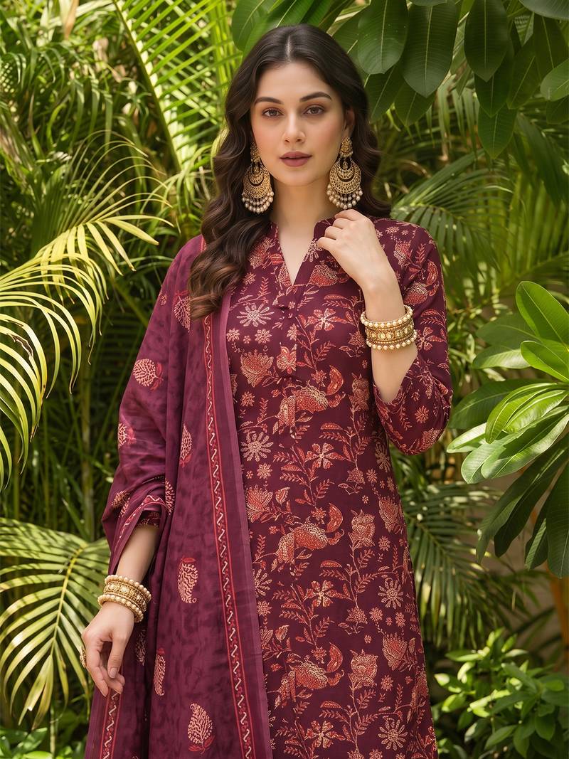 maroon color printed rayon blend styles kurta trouser with dupatta