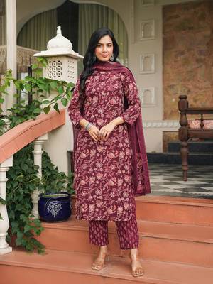 maroon color printed rayon blend styles kurta trouser with dupatta 6