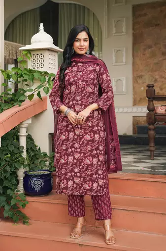 maroon color printed rayon blend styles kurta trouser with dupatta