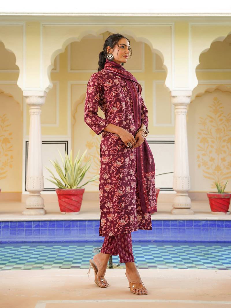 maroon color printed rayon blend styles kurta trouser with dupatta