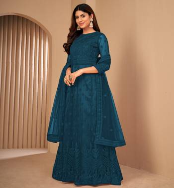 Fascinating Teal Blue Net Semi Stitched Festive Salwar Suits  1