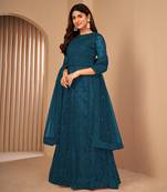 Fascinating Teal Blue Net Semi Stitched Festive Salwar Suits 