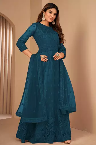Fascinating Teal Blue Net Semi Stitched Festive Salwar Suits 