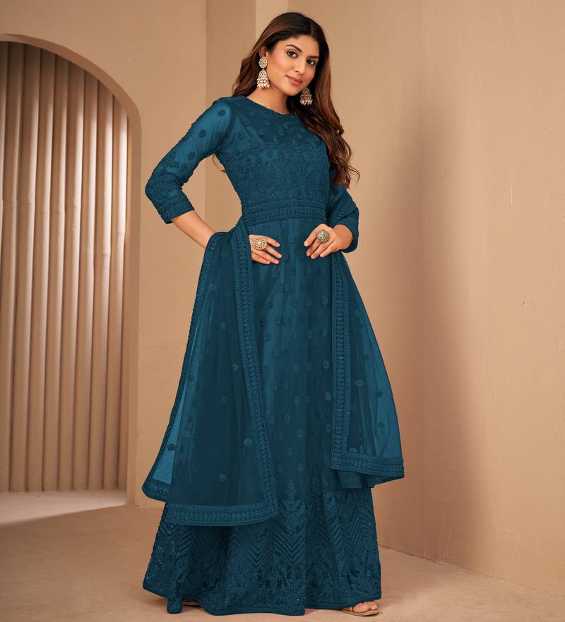 Fascinating Teal Blue Net Semi Stitched Festive Salwar Suits 