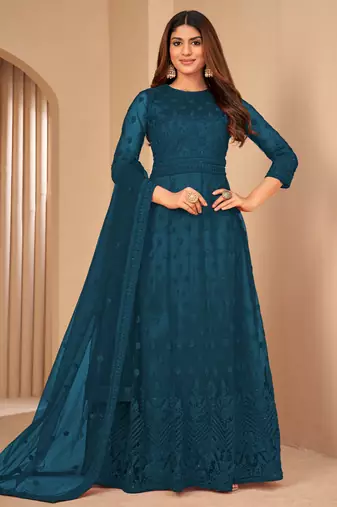 Fascinating Teal Blue Net Semi Stitched Festive Salwar Suits 