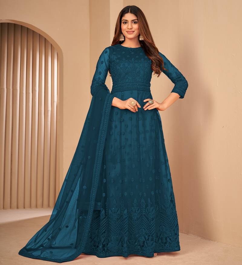 Fascinating Teal Blue Net Semi Stitched Festive Salwar Suits 