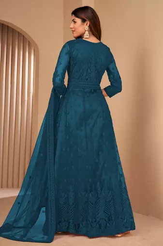 Fascinating Teal Blue Net Semi Stitched Festive Salwar Suits 