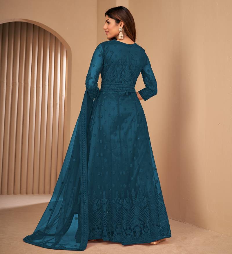Fascinating Teal Blue Net Semi Stitched Festive Salwar Suits 