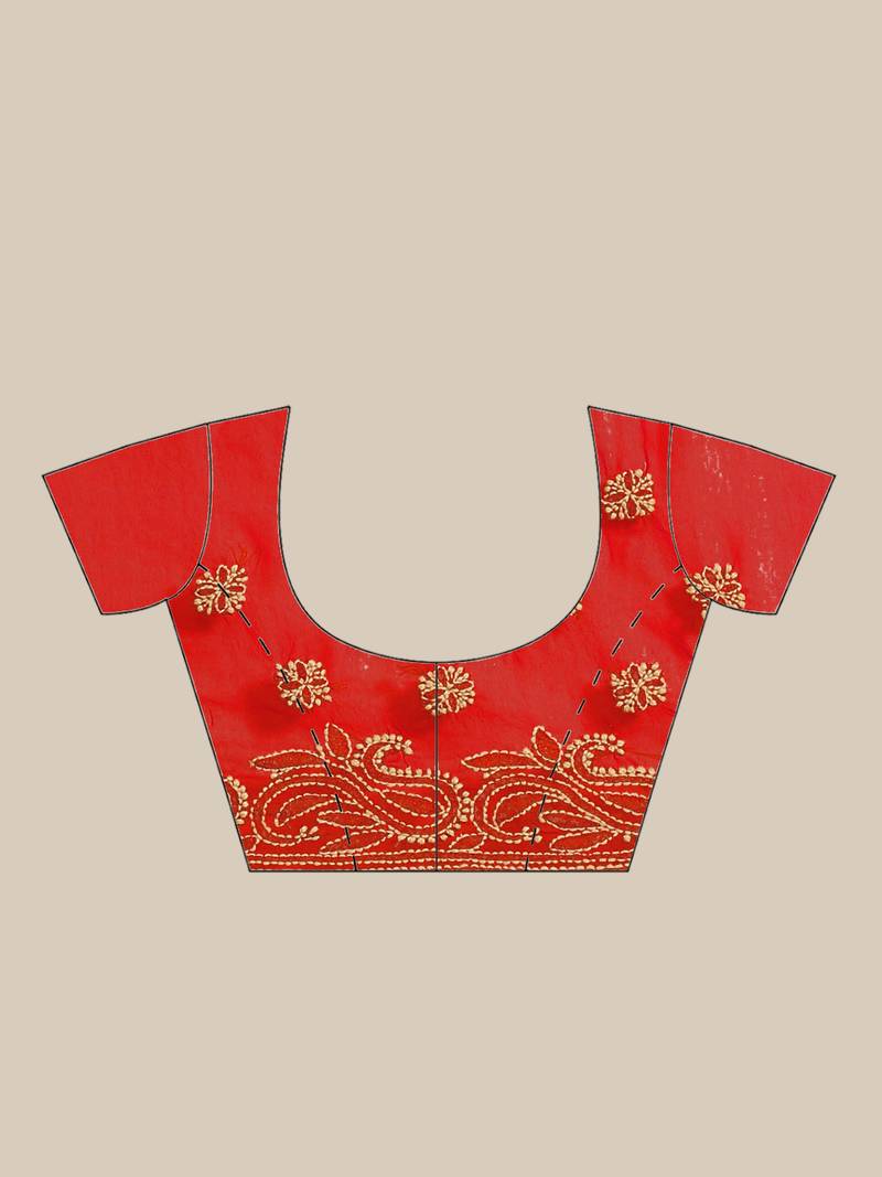 hand embroidered red georgette lucknow chikan saree with blouse 