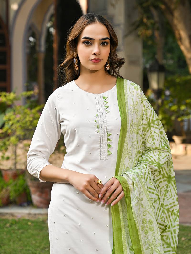 women green rayon blend solid embroidered straight kurta trouser with dupatta