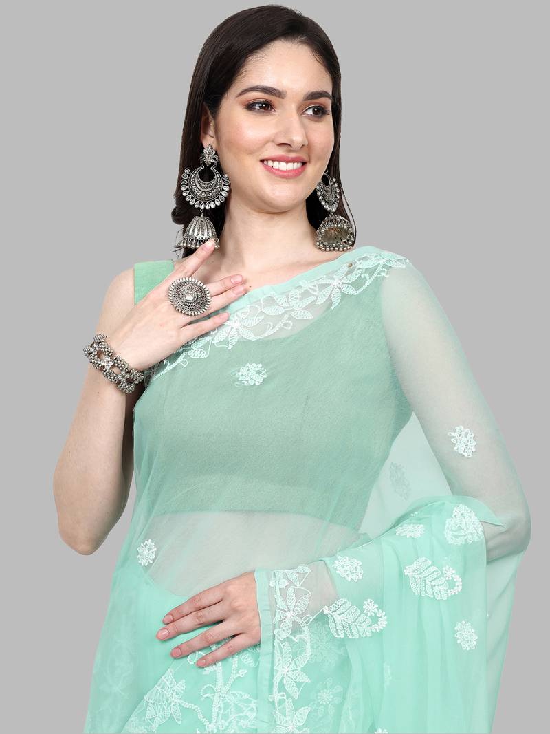 hand embroidered sea green goergette lucknowi chikankari saree with blouse 