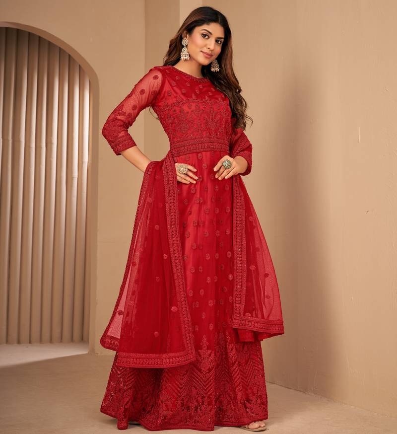 Intriguing Red Net Semi Stitched Party Wear Women's Salwar Kameez Semi stitched