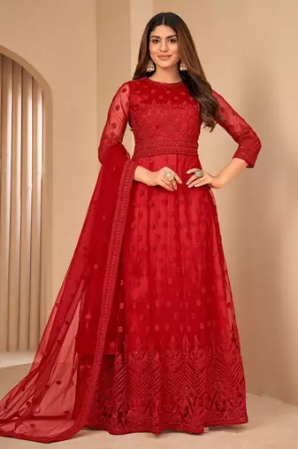 Intriguing Red Net Semi Stitched Party Wear Women's Salwar Kameez Semi stitched