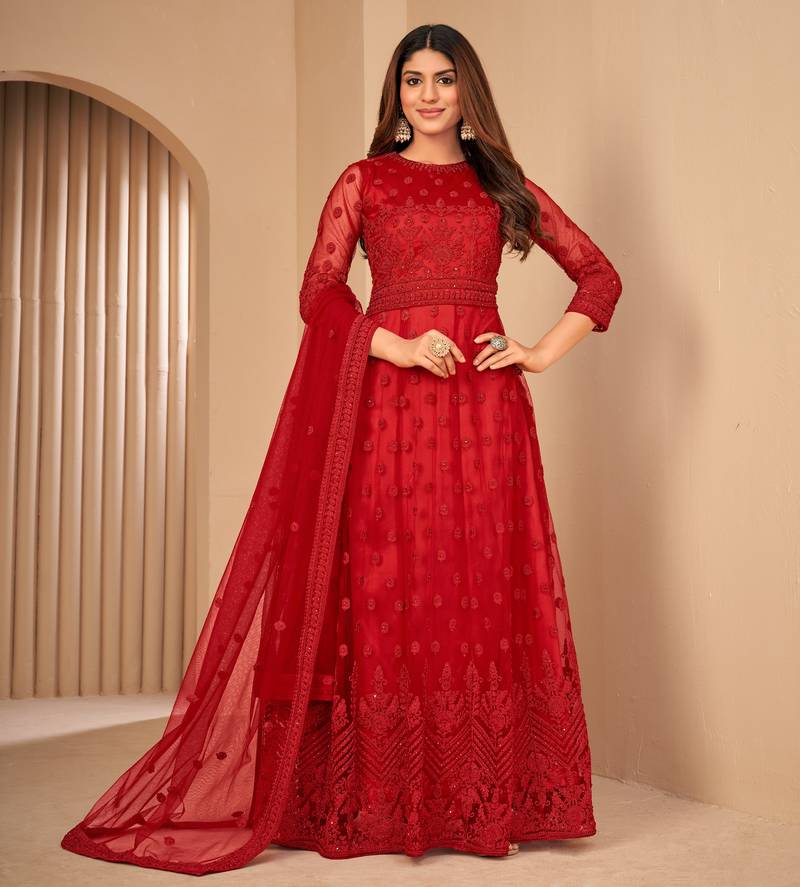 Intriguing Red Net Semi Stitched Party Wear Women's Salwar Kameez Semi stitched