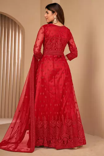 Intriguing Red Net Semi Stitched Party Wear Women's Salwar Kameez Semi stitched