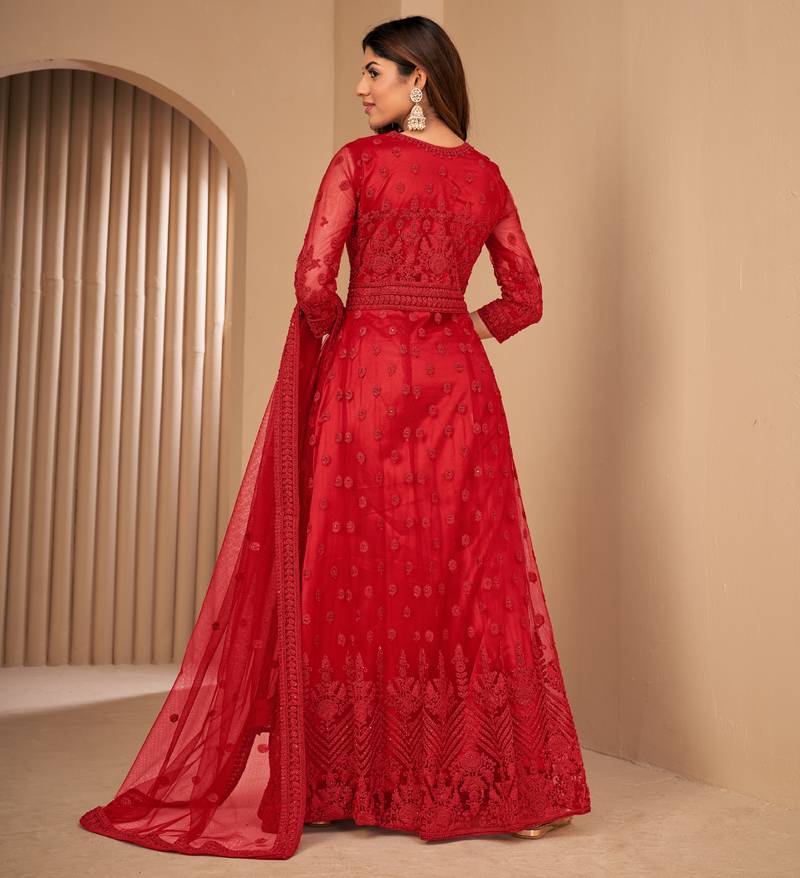 Intriguing Red Net Semi Stitched Party Wear Women's Salwar Kameez Semi stitched