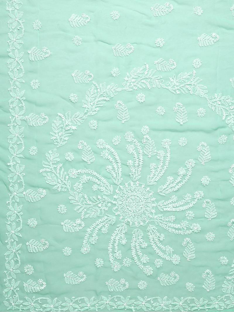 hand embroidered sea green goergette lucknowi chikankari saree with blouse 