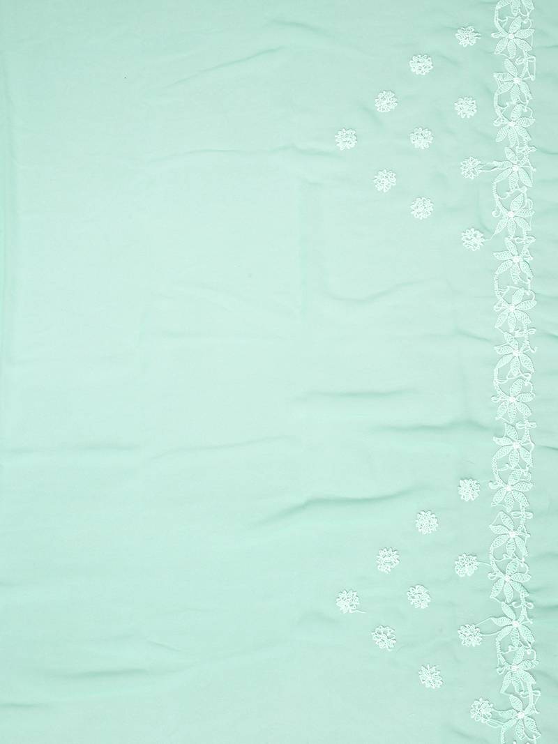 hand embroidered sea green goergette lucknowi chikankari saree with blouse 