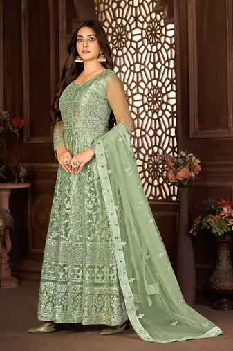 Winsome Green Net Semi Stitched Party Wear Women's Salwar Kameez Semi stitched