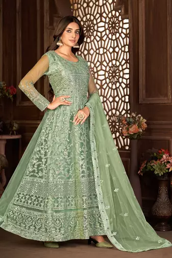 Winsome Green Net Semi Stitched Party Wear Women's Salwar Kameez Semi stitched
