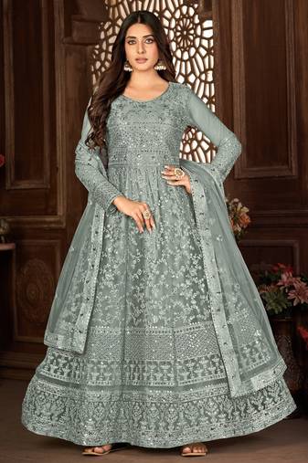 Beguiling Grey Net Semi Stitched Ethnic Women's Suits Semi stitched