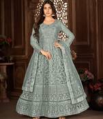 Beguiling Grey Net Semi Stitched Ethnic Women's Suits Semi stitched