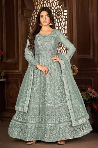 Beguiling Grey Net Semi Stitched Ethnic Women's Suits Semi stitched