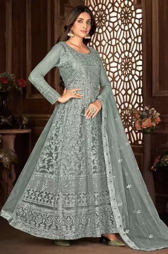 Beguiling Grey Net Semi Stitched Ethnic Women's Suits Semi stitched