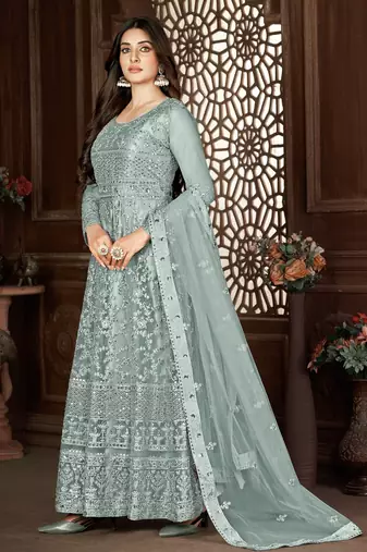 Beguiling Grey Net Semi Stitched Ethnic Women's Suits Semi stitched