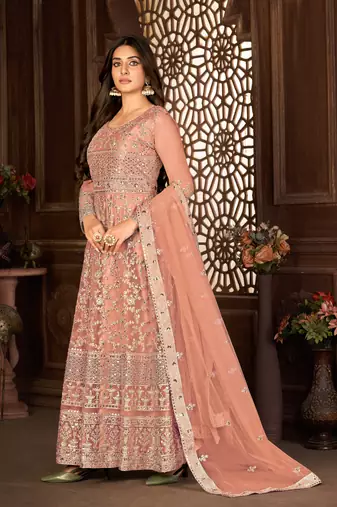 Hypnotizing Peach Net Semi Stitched Wedding Salwar Kameez Semi stitched