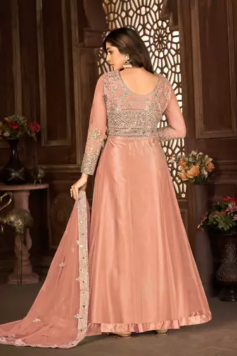 Hypnotizing Peach Net Semi Stitched Wedding Salwar Kameez Semi stitched
