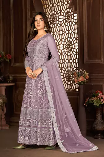 Desirable Purple Net Semi Stitched Festive Women's Salwar Suits Semi stitched