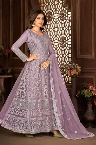 Desirable Purple Net Semi Stitched Festive Women's Salwar Suits Semi stitched