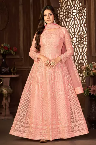 Taking Peach Net Semi Stitched Wedding Women's Salwar Kameez Semi stitched