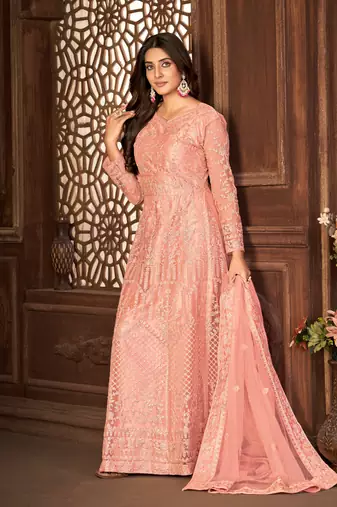 Taking Peach Net Semi Stitched Wedding Women's Salwar Kameez Semi stitched