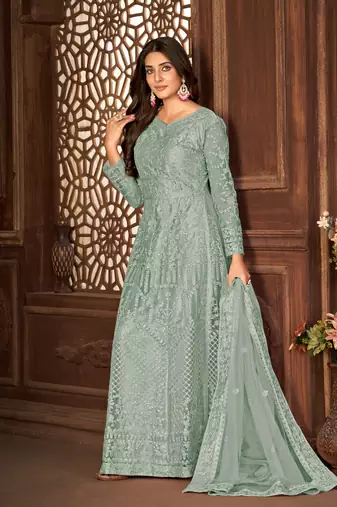 Beauteous Grey Net Semi Stitched Ethnic Women's Suits Semi stitched