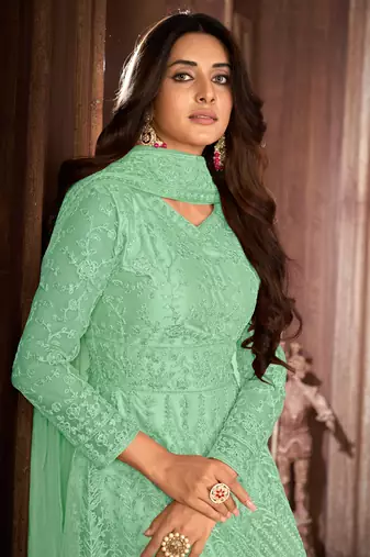 Tempting Green Net Semi Stitched Party Wear Salwar Kameez Semi stitched