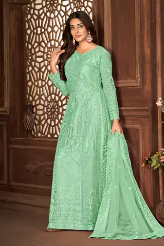 Tempting Green Net Semi Stitched Party Wear Salwar Kameez Semi stitched