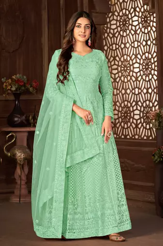 Tempting Green Net Semi Stitched Party Wear Salwar Kameez Semi stitched