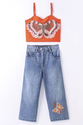 Elaisha girls crop top with jeans beautiful butterfly patch - orange & blue