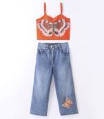 Elaisha girls crop top with jeans beautiful butterfly patch - orange & blue
