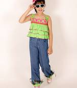 Elaisha girls layered embroidered top with emblished feather jeans - limegreen & blue