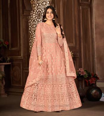 Striking Peach Net Semi Stitched Festive Women's Salwar Suits Semi stitched 1
