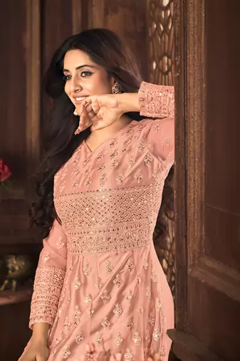 Striking Peach Net Semi Stitched Festive Women's Salwar Suits Semi stitched