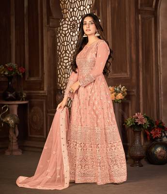 Striking Peach Net Semi Stitched Festive Women's Salwar Suits Semi stitched 3