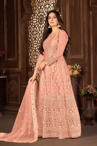 Striking Peach Net Semi Stitched Festive Women's Salwar Suits Semi stitched