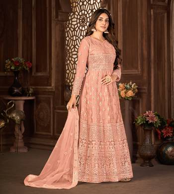 Striking Peach Net Semi Stitched Festive Women's Salwar Suits Semi stitched 4