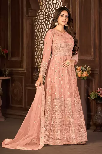 Striking Peach Net Semi Stitched Festive Women's Salwar Suits Semi stitched
