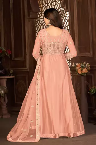 Striking Peach Net Semi Stitched Festive Women's Salwar Suits Semi stitched